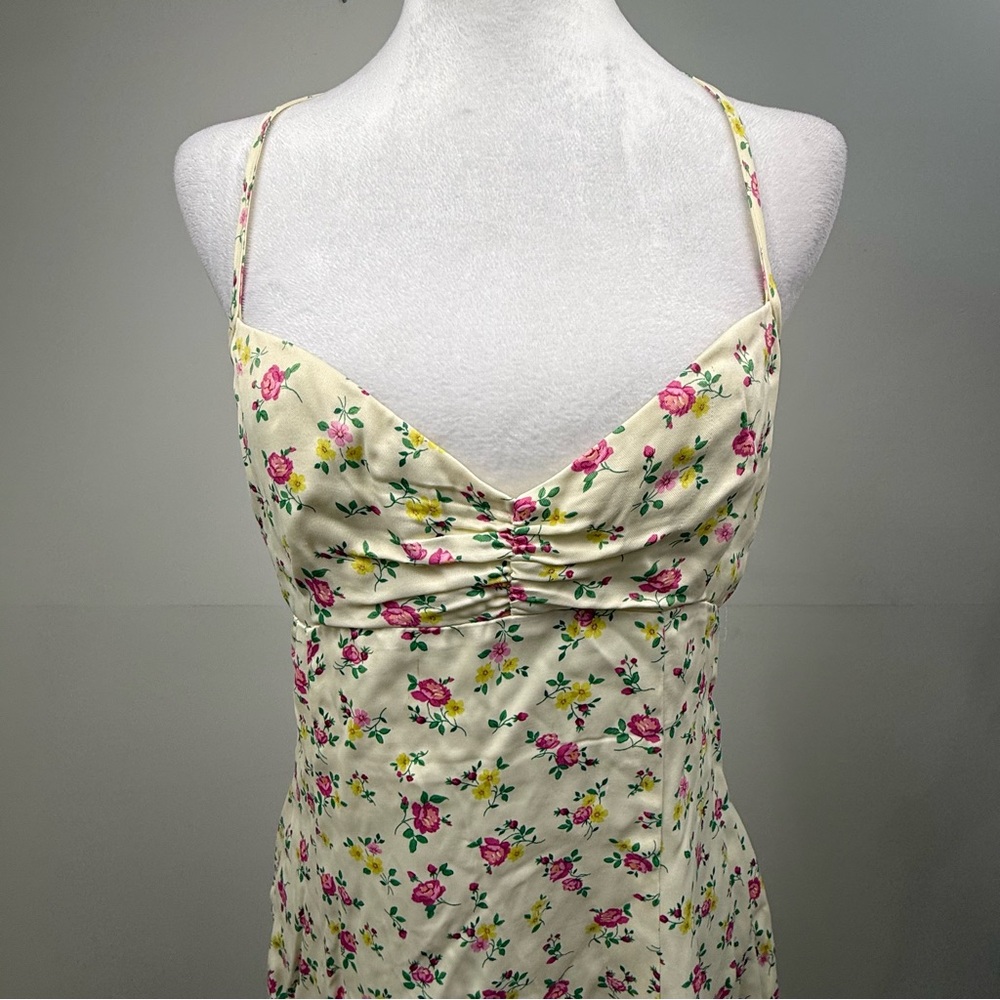 ZARA Floral Slip Dress Cream Pink Yellow Roses | Ruched Bust Midi Dress | M - Picture 9 of 10